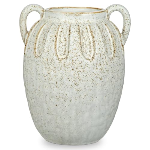 White Ceramic Vase with 2 Handles,7.8 Inch Rustic Farmhouse Decor - size: 7.8 inches