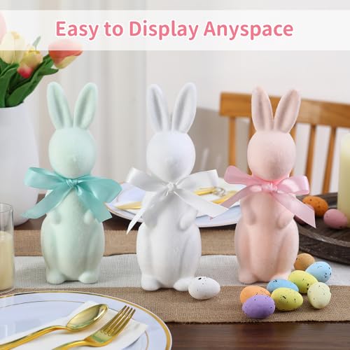 FestalMart Easter Decorations-3 Pack Flocked Bow Tied Bunny Set- Pastel Bunny Decor for Spring Home Shelf Mantel Table Windowsill Party Decor