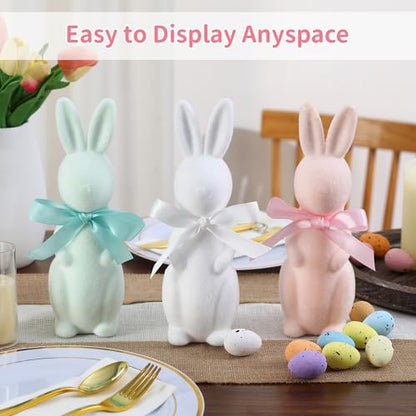 FestalMart Easter Decorations-3 Pack Flocked Bow Tied Bunny Set- Pastel Bunny Decor for Spring Home Shelf Mantel Table Windowsill Party Decor