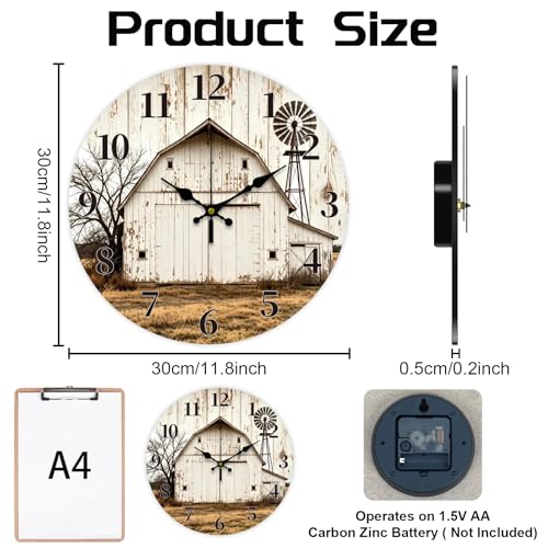 Retro Farm Wall Clock Silent Non-Ticking 12" for Living Room Decor - color: Farmhouse