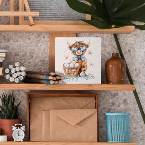Blue Coquette Easter Highland Cow Wooden Box Sign, Farmhouse Happy Easter Eggs Western Cow Wood Block Signs for Girls Bedroom Dorm Home Desk Table Shelf Decor, 5x5 Inch - color: Easter Cow 04