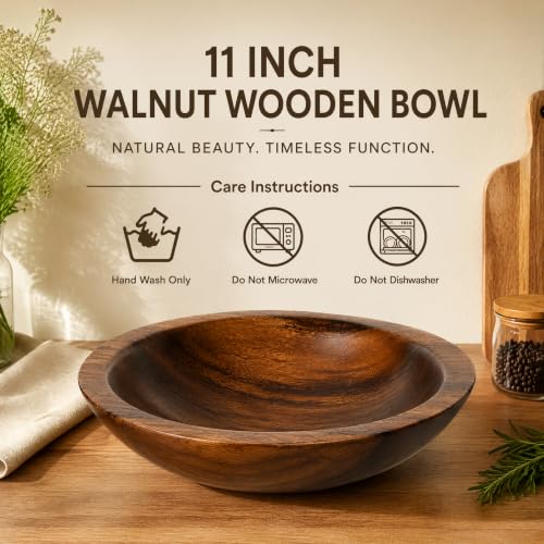 ZENFUN Wooden Decorative Bowl, Walnut Tray Dish Kitchen Dining for Fruit and Salad, Round Hand Crafted Walnutwood Serving Bowl, Home Decor Wood Bowls 10.8" Diameter x 2.6" Height, Seamless