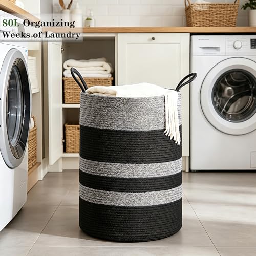80L Large Black Laundry Hamper Tall Woven Laundry Basket - color: Black