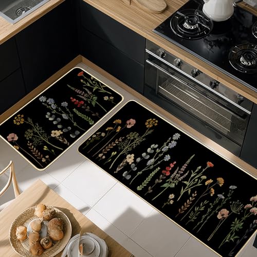 Flowers Spring Kitchen Mats for Floor,Florals Kitchen Rug Set of 2 Washable Floor Mats Non Slip Rubber Rugs Runner Comfort Standing Mat,Vintage Floral Rugs Runners for Sink,Desk,17x29+17x47 inch,Black - color: Black Blue Green