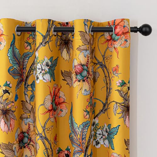 MYSKY HOME Floral Blackout Curtains 63 Inch Long Bedroom Black Out Thermal Insulated Noise Reducing Drapes Flower Printed Cottagecore Style Grommet Window Treatment Living Room Kitchen, Pack-2, Yellow - color: Yellow, size: 52"W x 63"L (Pack of 2)