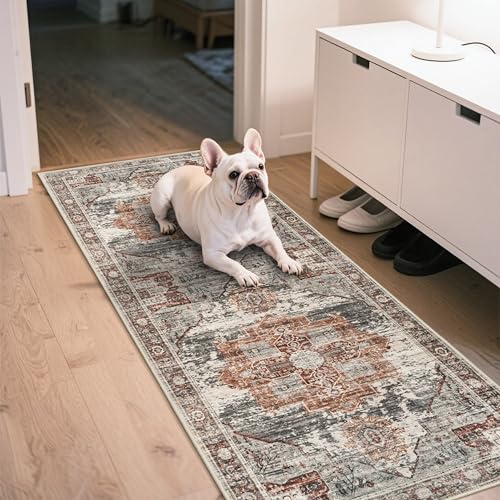 Washable Hallway Runner Rug 2x6 - Boho Rugs for Living Room Stain Resistant Carpet Vintage Tribal Rugs for Bedroom Kitchen Bathroom Non Slip Backing Home Decor Floor Decoration Mat 2x6 Brick - color: Brick, size: 2' x 6' (Runner)