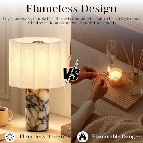 Marble Touch Table Lamp USB Rechargeable Cordless Bedroom Bedside Small Glow Night Light Stone Base and Linen Fabric Shades - color: Rice White