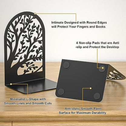 VFINE Bookend 3 Pairs, Decorative Book End, Bookends for Shelves, Desktope Book Ends, Book Stopper to Hold Books, Unique Black Metal Tree Book Holder for Home Office