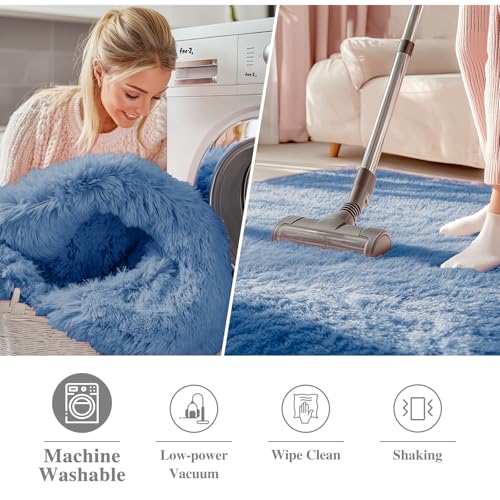 OLANLY Blue Round Rugs for Bedroom - Machine Washable, 2 ft Circle Area Rugs for Living Room, Soft and Fluffy Shaggy Carpet for Teen Girl and Boys, Nursery Rooms, Dorms, Home Decor Aesthetic - color: Blue, size: 2 Ft Round
