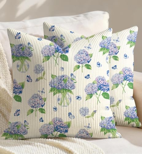 Corduroy Throw Pillow Covers 18x18 - Set of 2 Decorative Spring Floral Pillow Covers with Zipper Farmhouse Decor Cottage Throw Pillowcases for Couch Sofa Living Room Home Bedroom, Hydrangea - color: Hydrangea, size: 18" x 18" (Pack of 2)