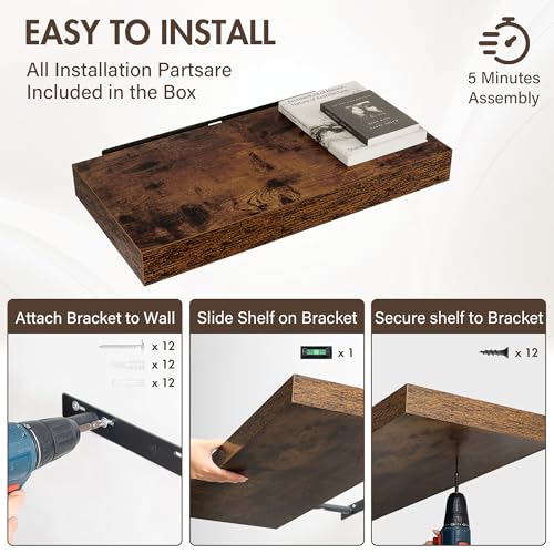 Acovy 24 Inch Floating Shelves, 12" Deep Floating Shelf Wall Mounted, 24" Wall Shelves, Rustic Deep Bookshelf, Extra Deeper & Thicker Display Shelves for Bedroom, Living Room, Brown, Set of 2 - color: Brown, size: 12"Wx24"L-2pcs