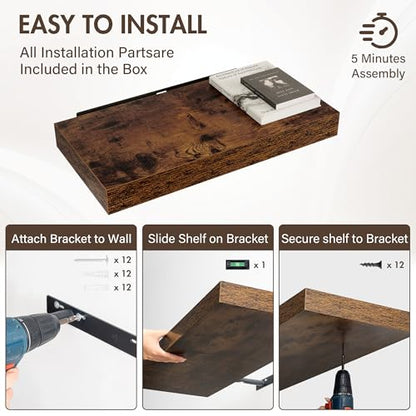 Acovy 24 Inch Floating Shelves, 12" Deep Floating Shelf Wall Mounted, 24" Wall Shelves, Rustic Deep Bookshelf, Extra Deeper & Thicker Display Shelves for Bedroom, Living Room, Brown, Set of 2 - color: Brown, size: 12"Wx24"L-2pcs