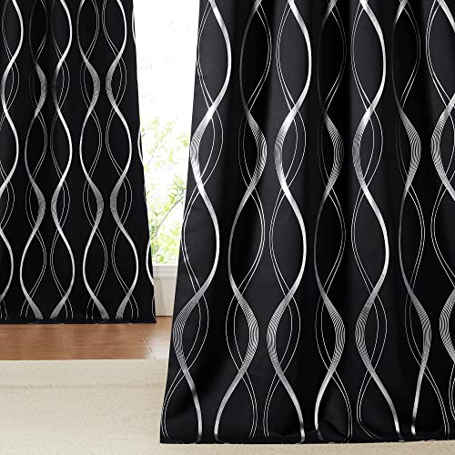 NICETOWN Blackout Curtains for Patio, Foil Printed Wave Lines Home Decoration Thermal Insulated Grommet Blackout Draperies/Drapes for Large Window Living Room (2 Panels, 52 inches x 95 inches,Black) - color: 1 - Black, size: 52"W x 95"L (Pack of 2)