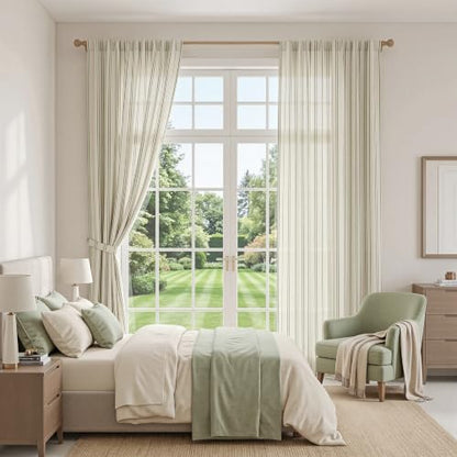 MYSKY HOME Linen Curtains for Bedroom Green Striped 84 Inches Long 2 Pieces - color: Green, size: 50"W x 84"L (Pack of 2)