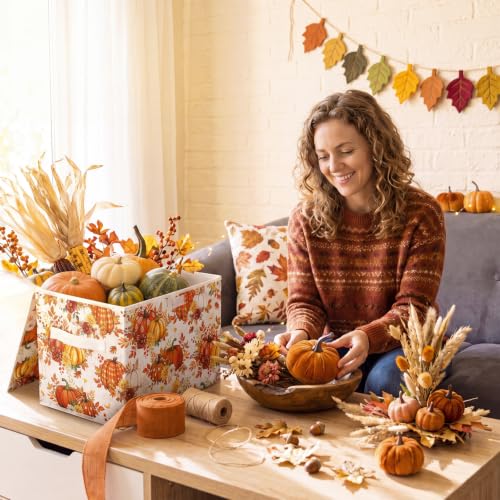 Briwooody Fall Pumpkin Storage Bin with Lid and Carrying Handle Storage Box - style: Fall Pumpkin