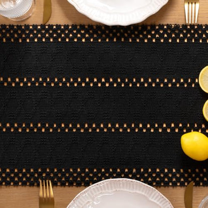 Boho Macrame Table Runner Black Burlap Small Dresser Runner - color: Black, size: 12" × 48"