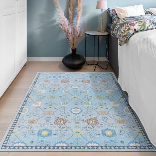 3x5 Area Rugs, Washable Floral Boho Rugs, Non Slip Low Pile Small Carpet, Indoor Door Mat for Entryway, Kids Playroom, Bedside, Girls Dorm, Nursery (Blue Floral) - color: Blue-floral, size: 3' x 5' (Rectangular)