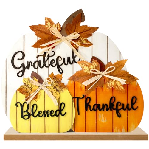 Fall Decorations for Home, Wooden Pumpkin Tabletop Sign Blessed Grateful Thankful Fall Decor for Home Farmhouse Living Room Harvest Day Thanksgiving Decor