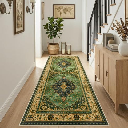 Joydeco 2x6 Runner Rug for Hallway, Kitchen Runner Rugs Non Skid Washable - color: Green/Beige, size: 2' x 6' (Rectangular)