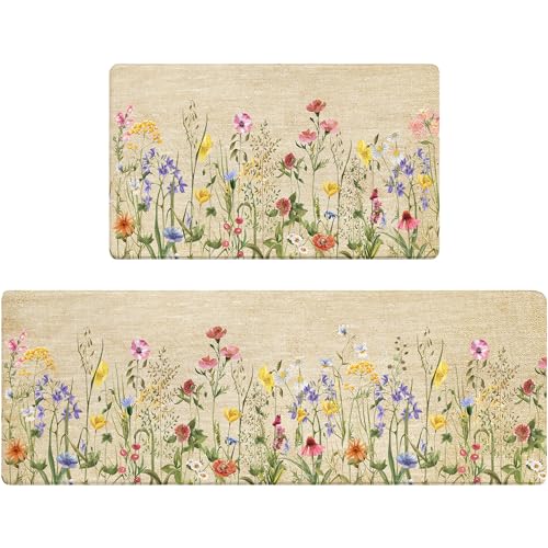 Kitchen Rug Mats for Floor Cushioned Anti Fatigue Floral Kitchen Rugs Sets of 2 Farmhouse Wildflowers Non Slip Waterproof Comfort Memory Foam Standing Floor Mat for Office Laundry Sink Desk - color: Floral, size: 46"Lx17"W+29"Lx17"W-0.3"H