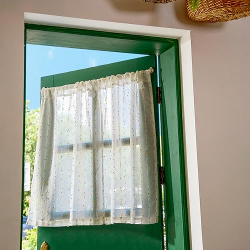 jinchan Green Pom Pom Voile Kitchen Tier Curtains 24 Inches 2 Panels - color: Dottie Sunlit Grove, size: 26"W x 24"L (Pack of 2)