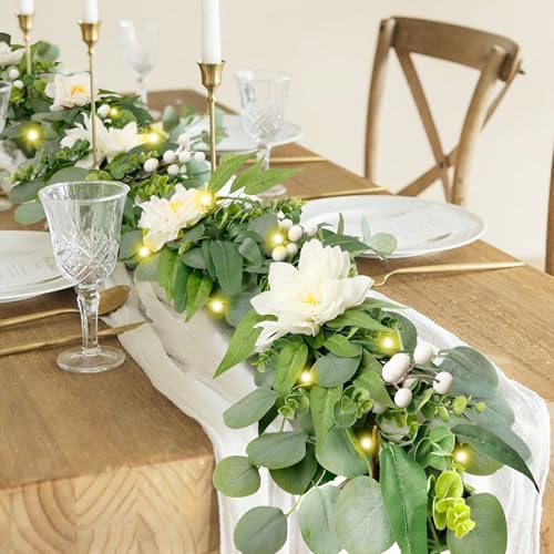 Artificial Eucalyptus Garland with Lights,Fairy Light Olive Leaves Vine Garland with White Flowers & White Berries, Bendable Mantle Garland for Indoor Outdoor Wedding, Home Decoration (9FT) - size: 9FT