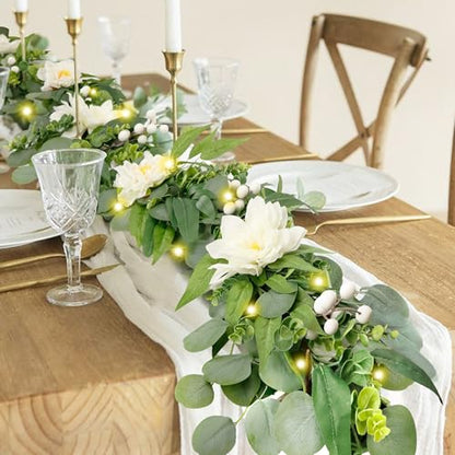 Artificial Eucalyptus Garland with Lights,Fairy Light Olive Leaves Vine Garland with White Flowers & White Berries, Bendable Mantle Garland for Indoor Outdoor Wedding, Home Decoration (9FT) - size: 9FT