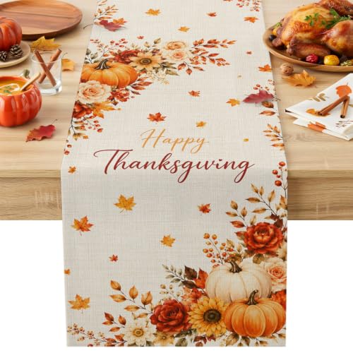 Fall Thanksgiving Table Runner 36 Inches Long,Orange Pumpkins Maple Leaf Flower Cotton Linen Table Runners Dresser Scarves,Farmhouse Fabric Tabletop Scarf Furniture Cover for Home Dinner Party 13"x36" - color: Cream, Terracotta, Dusty Rose, Autumn Orange,