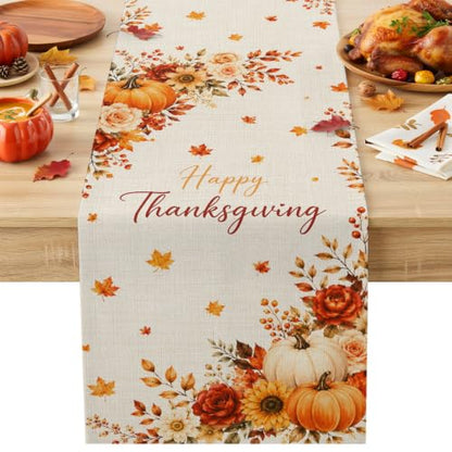 Fall Thanksgiving Table Runner 36 Inches Long,Orange Pumpkins Maple Leaf Flower Cotton Linen Table Runners Dresser Scarves,Farmhouse Fabric Tabletop Scarf Furniture Cover for Home Dinner Party 13"x36" - color: Cream, Terracotta, Dusty Rose, Autumn Orange,
