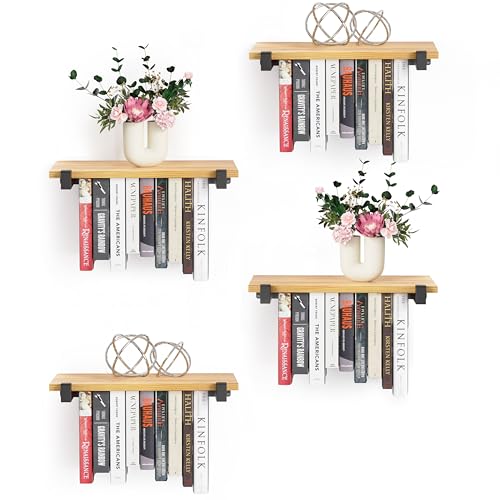 NANATI 4 Set of Floating Bookshelf, Pine Wood Invisible Bookshelf, Hanging Bookshelves for Wall, Unique Space Saving Wall Bookcase (16.5L×8.7W×1.5H) - size: 4 Set Pine Wood (Natural)