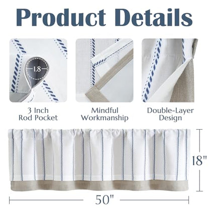 jinchan Stripe Linen Window Valance Curtain, 50x16, 1 Panel, Blue - color: Nautical Striped Blue on White, size: 50"W x 16"L (Pack of 1)