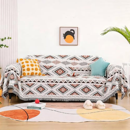 Luxlovery Beige Bohemian Sofa Throw Blankets Ethnic Woven Boho Geometric White and Khaki Throw Blanket for Couch Aztec Bed Throws Oversized Chair Sofa Cover with Tassels(70"x90") - color: Mocha, size: 70"x90",180x230cm