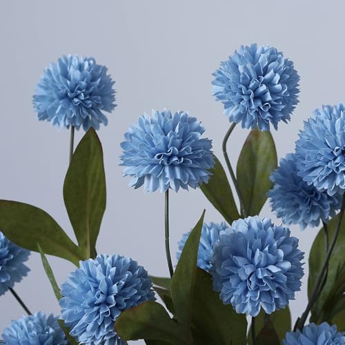 6 Pcs 27"Artificial Pompon Mum Silk Flower Stems for Vase (Dusty Blue) - color: Dusty Blue