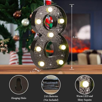 Black Glitter LED Marquee Number 8, Warm White Light Decor Sign - size: Number-8
