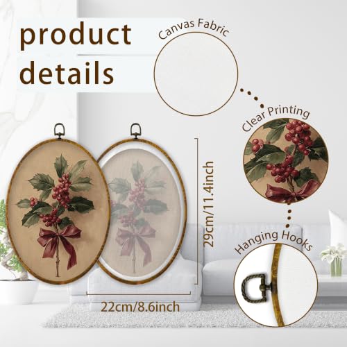 XPH Red Bow Holly Christmas Oval Wall Art Framed 8.6x11.4 Inch - color: Christmas56