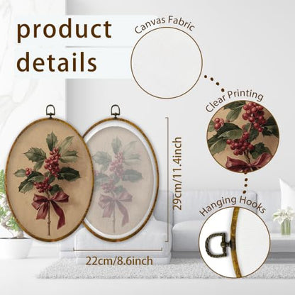 XPH Red Bow Holly Christmas Oval Wall Art Framed 8.6x11.4 Inch - color: Christmas56