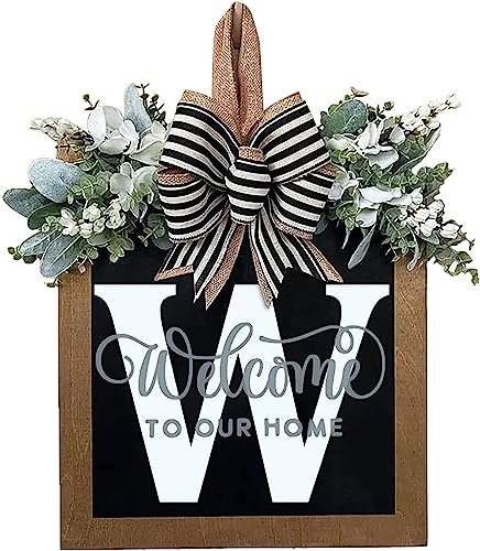Last Name Year Round Front Door Wreath Front Porch Decoration 26 Letter Welcome Sign with Eucalyptus Garland and Bow Spring Wreaths for Front Door Outside Hanger Garland（W） - color: W