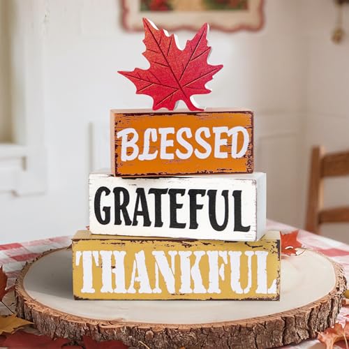 OLANRUN Thanksgiving Fall Decorations for Home, 4 PCS Wooden Fall Table Decor with Letter, Handmade Crafts Autumn Thanksgiving Decor Indoor for Office Farmhouse Home Bedroom Kitchen Mantel Tiered Tray - style: FALL - Maple Leaves