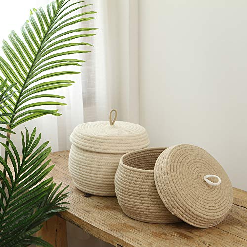 Sea Team Round Woven Cotton Rope Storage Basket with Lid, Khaki - color: Khaki, size: Small
