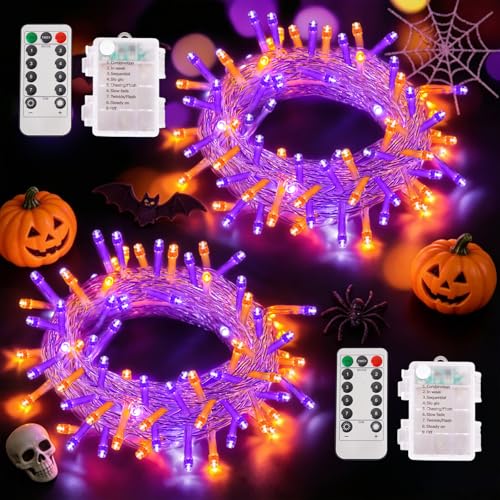 QITONG 2 Pack Battery Operated Halloween Lights, Each 33ft 100 LED - color: Orange and Purple, size: 2Pack