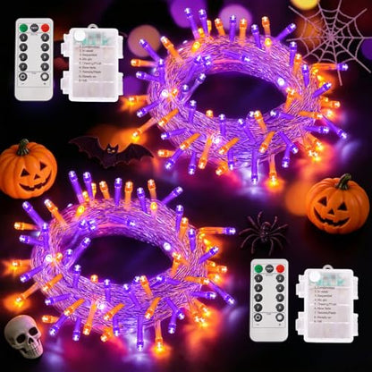 QITONG 2 Pack Battery Operated Halloween Lights, Each 33ft 100 LED - color: Orange and Purple, size: 2Pack
