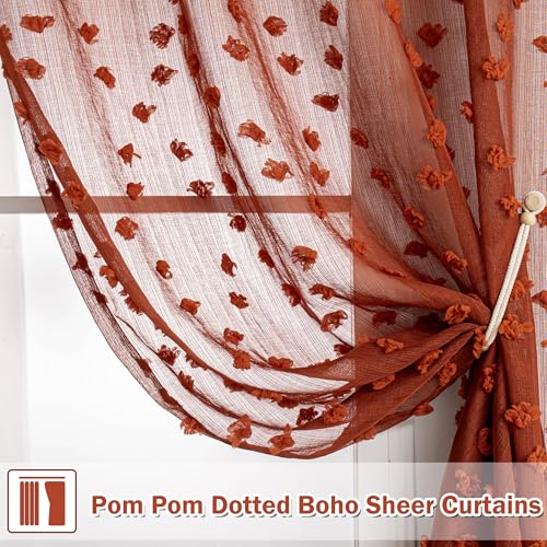 MYSKY HOME Terracotta Boho Sheer Curtains with Pom Pom 50Wx84L,2 Panels - color: Terracotta, size: 50"W x 84"L (Pack of 2)