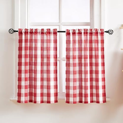 Red Check Kitchen Tier Curtains Small Short Semi Sheer Café Curtains 27x24" - color: Red and White, size: 24"W x 24"L (Pack of 2)