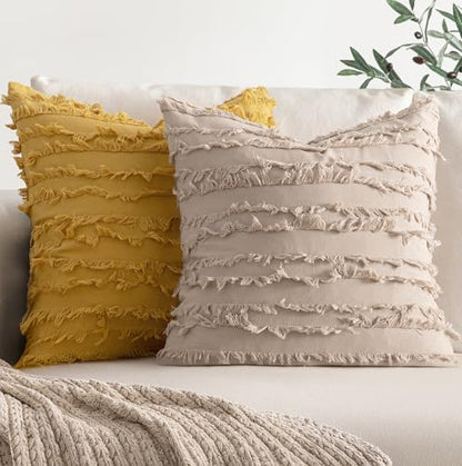 MIULEE Boho Linen Striped Throw Pillow Covers 18x18, Beige - color: Beige, size: 18" x 18" (Pack of 2)