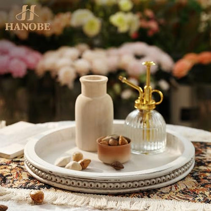 Hanobe Round White Candle Tray Holder for Coffee Table, Beaded Edge
