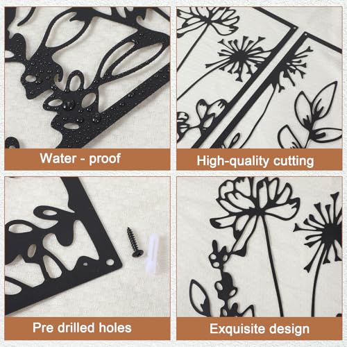 Afcabakila 3 Pcs Black Metal Wall Art Minimalist Wall Decor Modern Minimalist Floral Single Line Living Room Wall Decor Metal Boho Flower for Bedroom Kitchen Bathroom 16.5x11.8 Inch