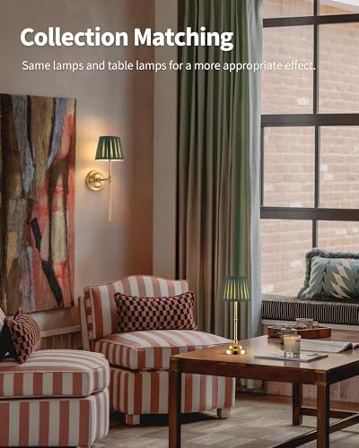 KDG Gold Cordless Wall Sconces Set of 2, Green Fabric LED Wall Lamps - color: Gold + Green Lampshde (2 Pack)