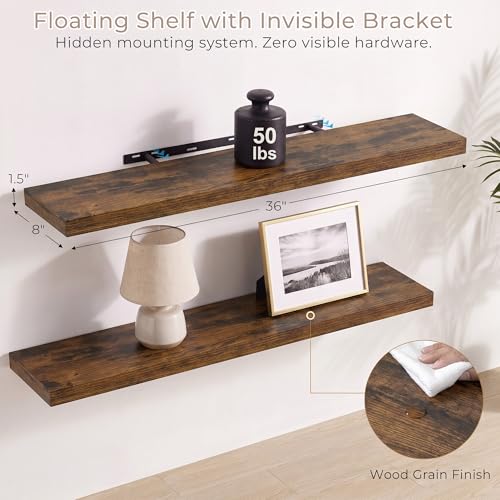 Vivelove Brown Floating Shelves 36 x 8 Inch, 8 Inch Deep Shelf, Set of 2 - color: Rustic Brown, size: 36"Wx8"Dx1.4"H