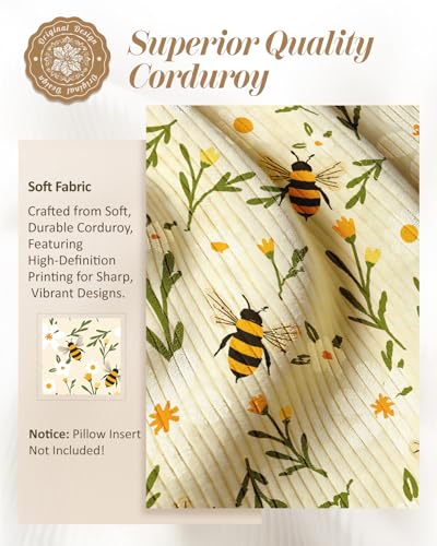 Corduroy Throw Pillow Covers 18x18 - Set of 2 Decorative Spring Pillow Covers with Zipper Farmhouse Decor Cottage Throw Pillowcases for Couch Sofa Living Room Home Bedroom, Flower Bee - color: Flower Bee, size: 18" x 18" (Pack of 2)
