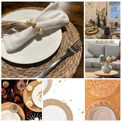 Woven Placemats Set of 6, 13.8 Inch Round Natural Water Hyacinth Rattan Placemats with Wooden Beads Napkin Rings for Farmhouse Dining Table Decor, Thanksgiving Halloween Christmas
